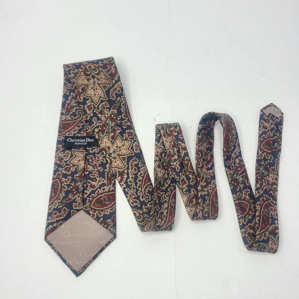 Vtg Christian Dior Monsieur 100% Silk Tie Made In USA Blue Gold Floral Paisley‎